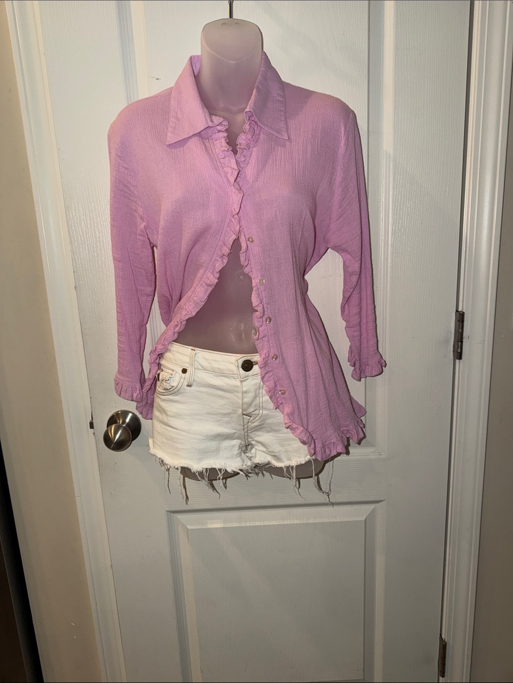🌸Pink Button Down Crinkle Ruffle Blouse